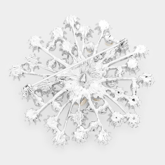 Silver White Pearl Rhinestone Brooch Floral Crystal Pin 2.5" Bling Accessory - Picture 2 of 2